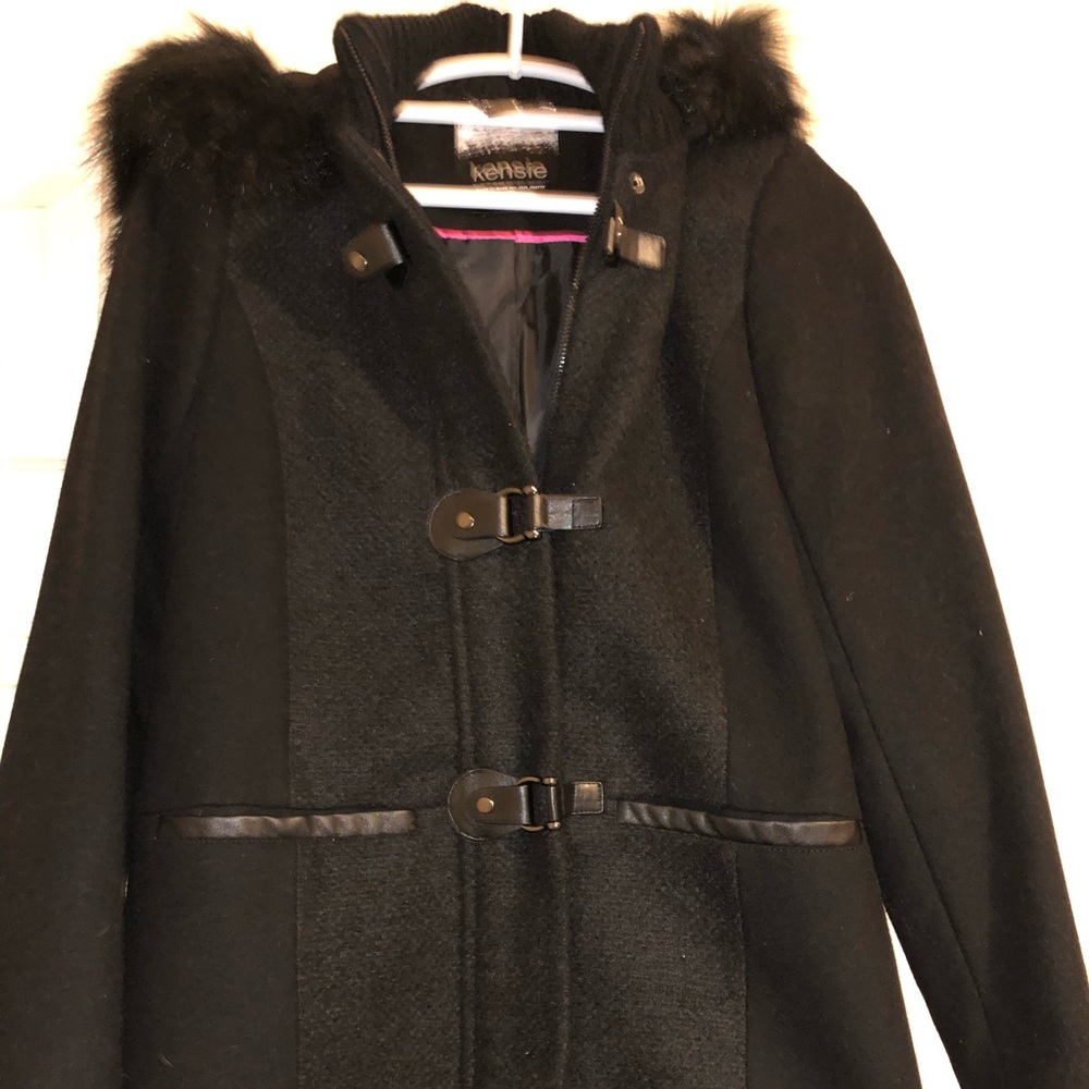 NWOT black utility trench coat with faux fur hood